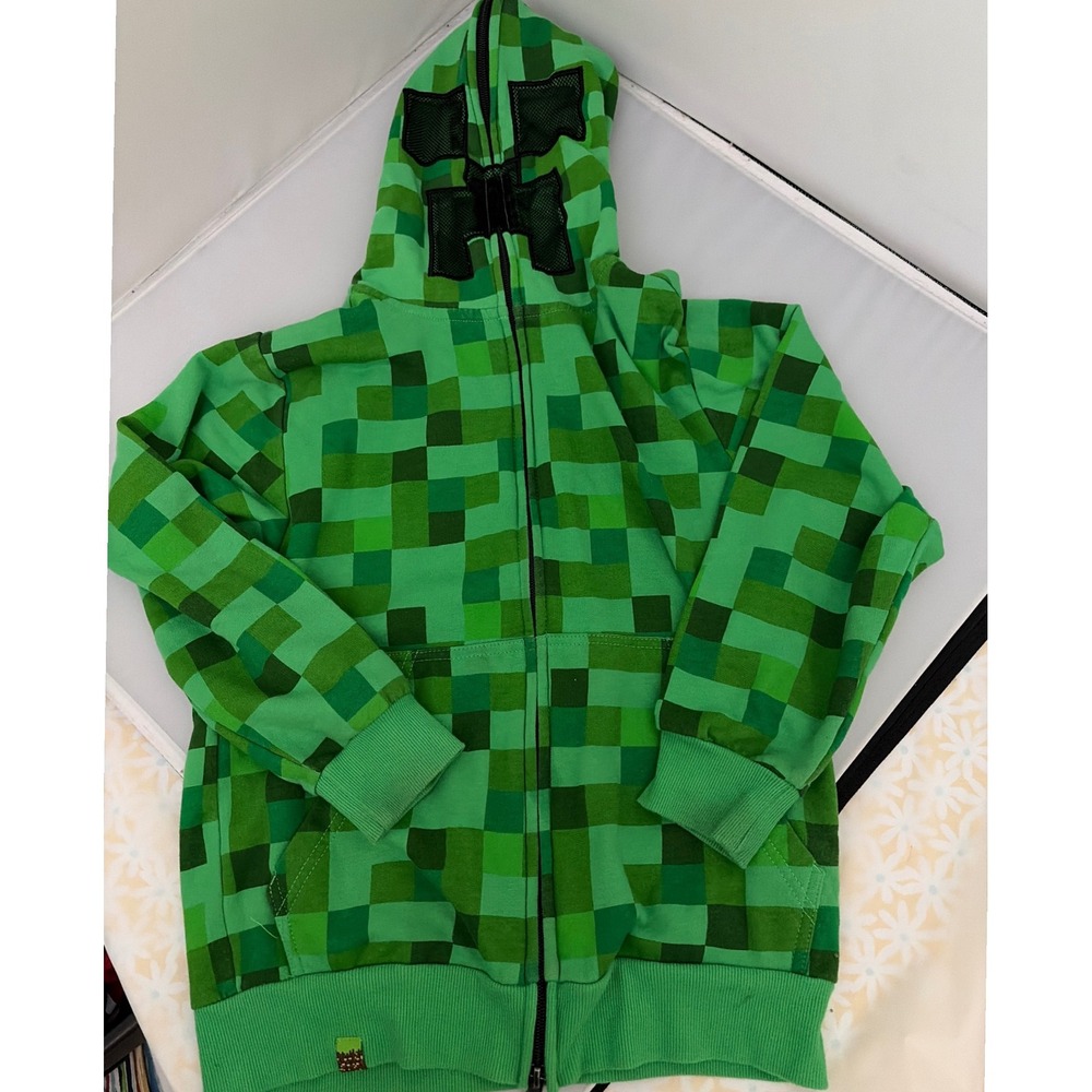 Minecraft Creeper Full Zip Mask Hoodie Mad Engine Green Pixel Kids Medium